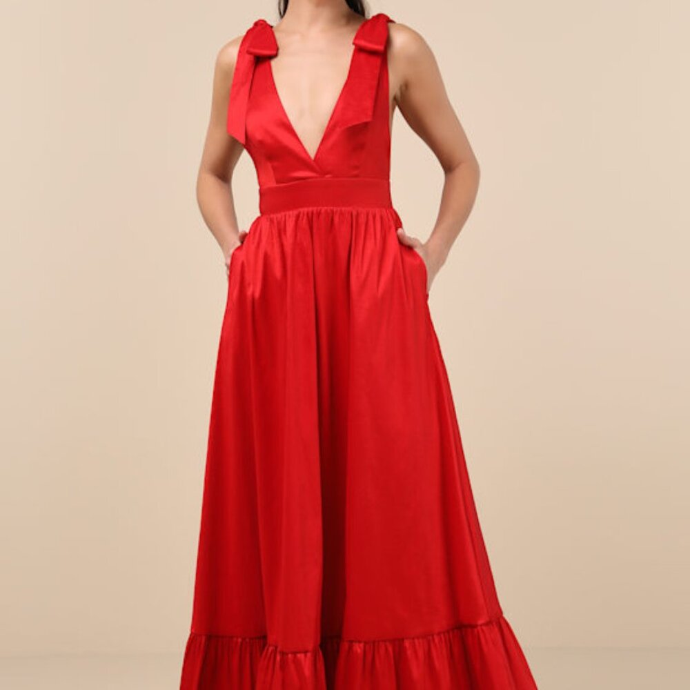 Lulus Rare Charm Red Taffeta Tie-strap Maxi Dress With Pockets - Size XS